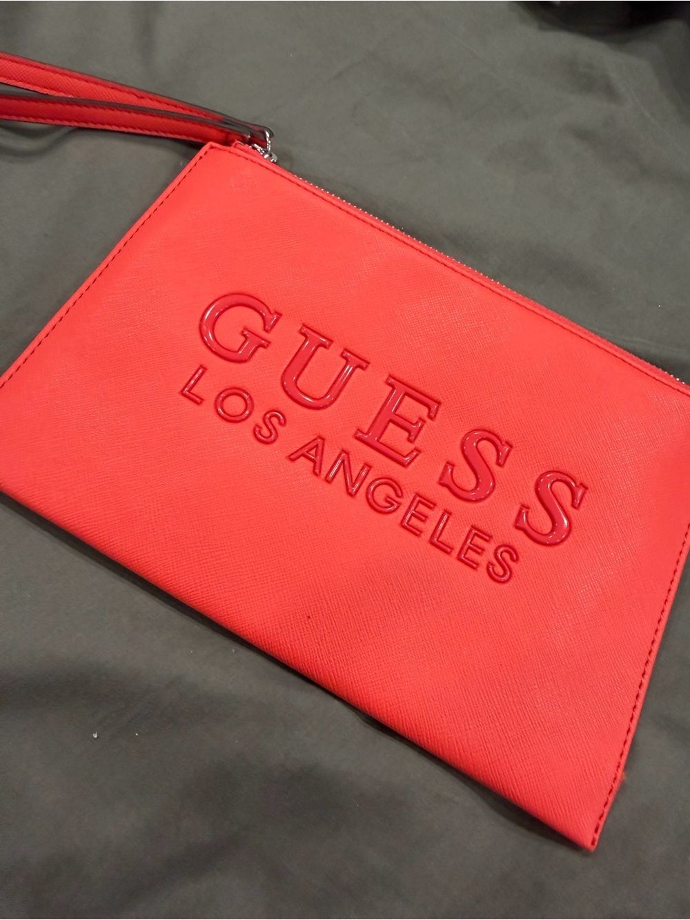GUESS Coral and Tan Zip Wristlet
